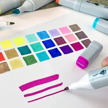 Dual-tip alcohol markers over a grid of square color swatches and magenta strokes