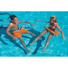 Orange saddle seat pool float held by two swimmers in the water