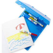 Open blue marker case with colored markers and mess-free coloring pages