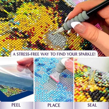 Diamond painting in progress on canvas with multi-color square diamonds and applicator