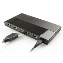 HDMI 4-way splitter with power adapter cable and HDMI port row