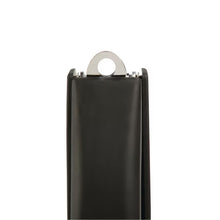 Black stapler handle with hanging loop and open stapling throat