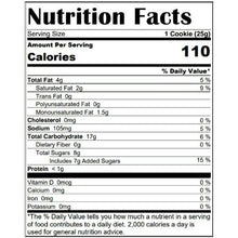 Nutrition facts panel for one snickerdoodle cookie (25 g), 110 calories