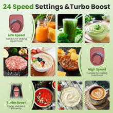 Red-and-black immersion blender with 24 speed settings illustrated