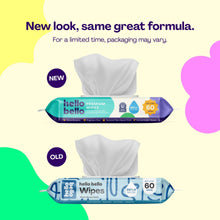 Premium baby wipes pack showing new vs old design, 60 wipes marked