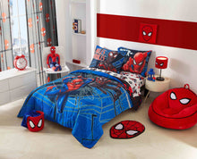 Kids Spider-Man bedding set with blue comforter front and matching pillowcases
