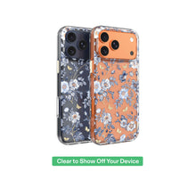 Pair of floral phone cases: blue and orange clear backs with camera cutouts
