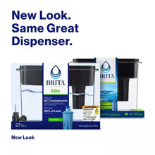 Brita Elite filtered water dispenser box showing multiple front views and filter