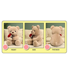 Cream teddy bear plush with red rose, shown front, side, and back views