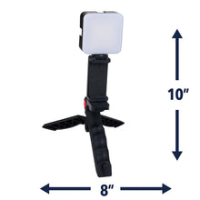 Portable LED video light kit with LED panel on tripod grip stand and size dimensions