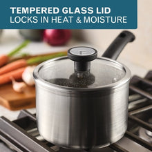 Stainless saucepan with black knob lid and clear tempered glass cover