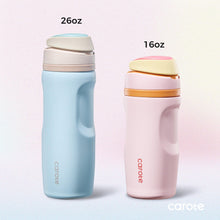 Two insulated water bottles, light blue and pink, with flip lids and straw tops.