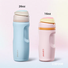 Pair of insulated water bottles with straw lids, light blue and pink tumblers