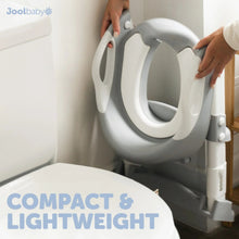 Close-up of gray potty training seat with splash guard and side step ladder