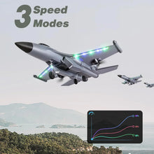 RC jet glider aircraft showing wing LEDs and landing wheels, silver and dark camouflage
