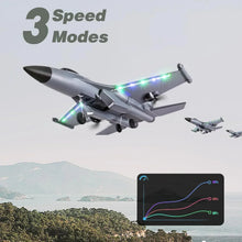 Grey RC jet aircraft with glowing LED lights and three speed modes graphic