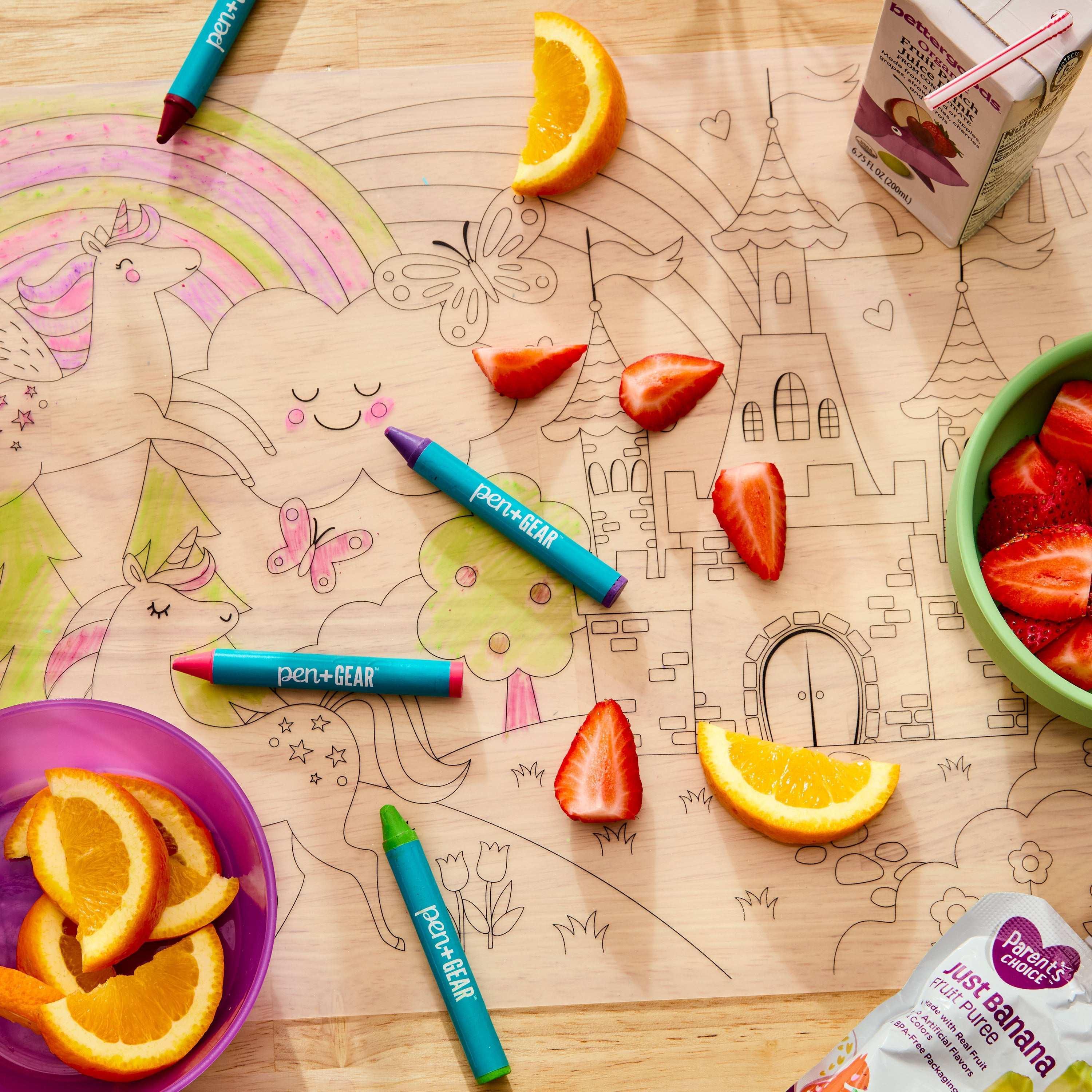 Pen+Gear Washable Fairytale Coloring Placemat Kit with 4 Crayons, Black and White - USA MEGA SHOP