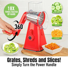 Red rotary grater with crank handle and cylindrical shredding drum