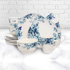 Elama Blue Rose Traditional 16 Piece Elegant Dinnerware Set