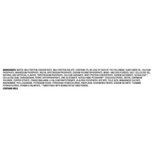 Protein shake ingredients list text on carton back, including water and milk ingredients
