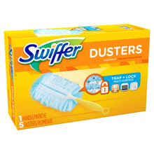 Cleaning duster kit box with blue dusters, yellow handle, 5 refill heads