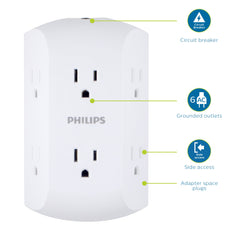 Philips 6 Outlet Grounded Wall Tap, Resettable Circuit Breaker, White, SPS1460WA/37