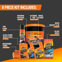 Car care kit contents: bucket with bottles, tire foam canister, wheel & glass products