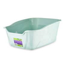 Hooded enclosed cat litter box, white sides with mint-green inside basin
