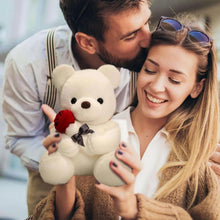 White teddy bear plush holding a red rose with a dark gray ribbon bow