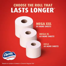 Stacked Charmin Ultra Strong toilet paper rolls with blue mascot logo on packaging