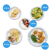 Disposable paper bowls with food samples and size callouts: 20 oz and 10 oz