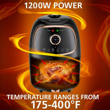 Brentwood 2-quart air fryer with food in basket, black with copper trim