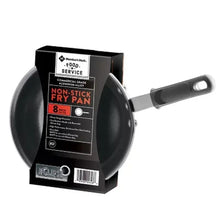 Non-stick aluminum fry pan with black cooking surface and side handle, in box