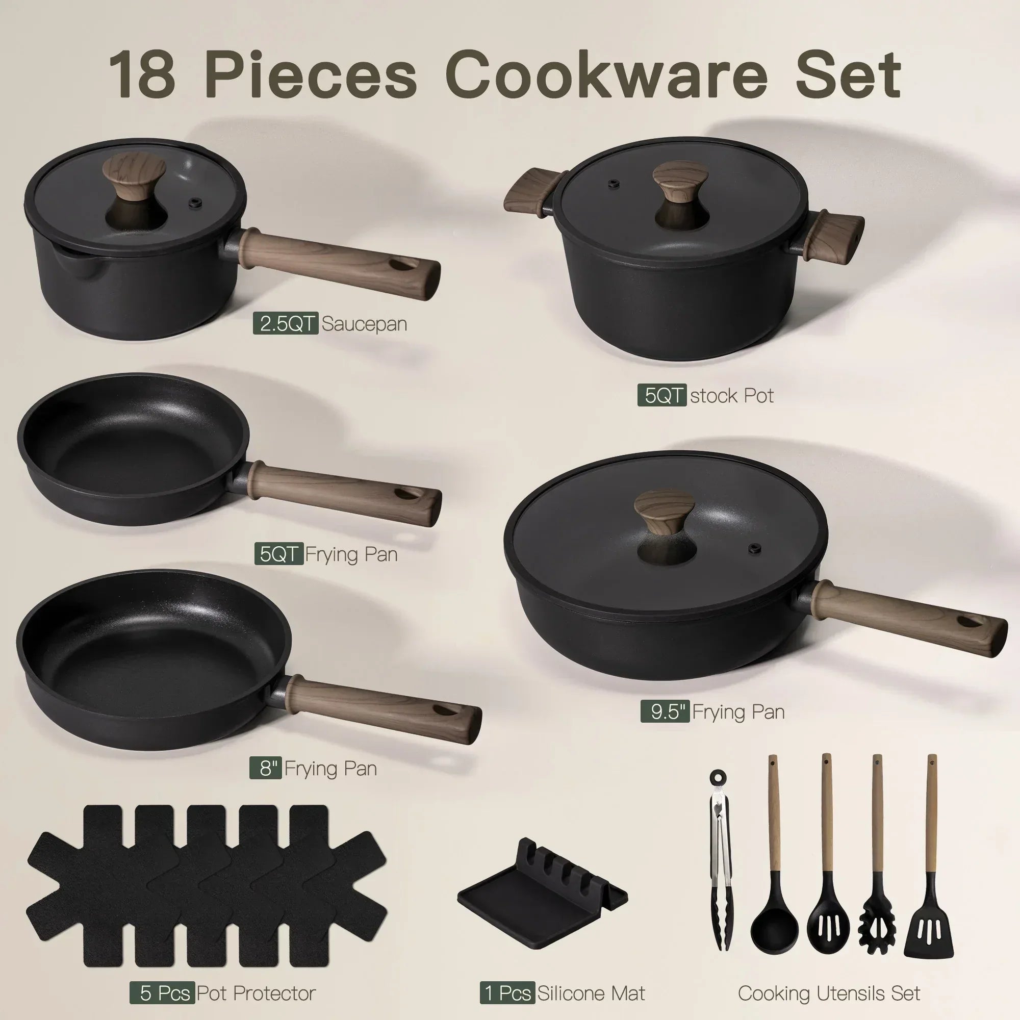 Astercook 18-Piece Pots and Pans Set, Black Titanium Induction Nonstick Cookware Set, Oven Safe to 480°F, Induction Compatible & Dishwasher Safe, Kitchen Cooking Set for RV Trips, Camping and Picnic - USA MEGA SHOP