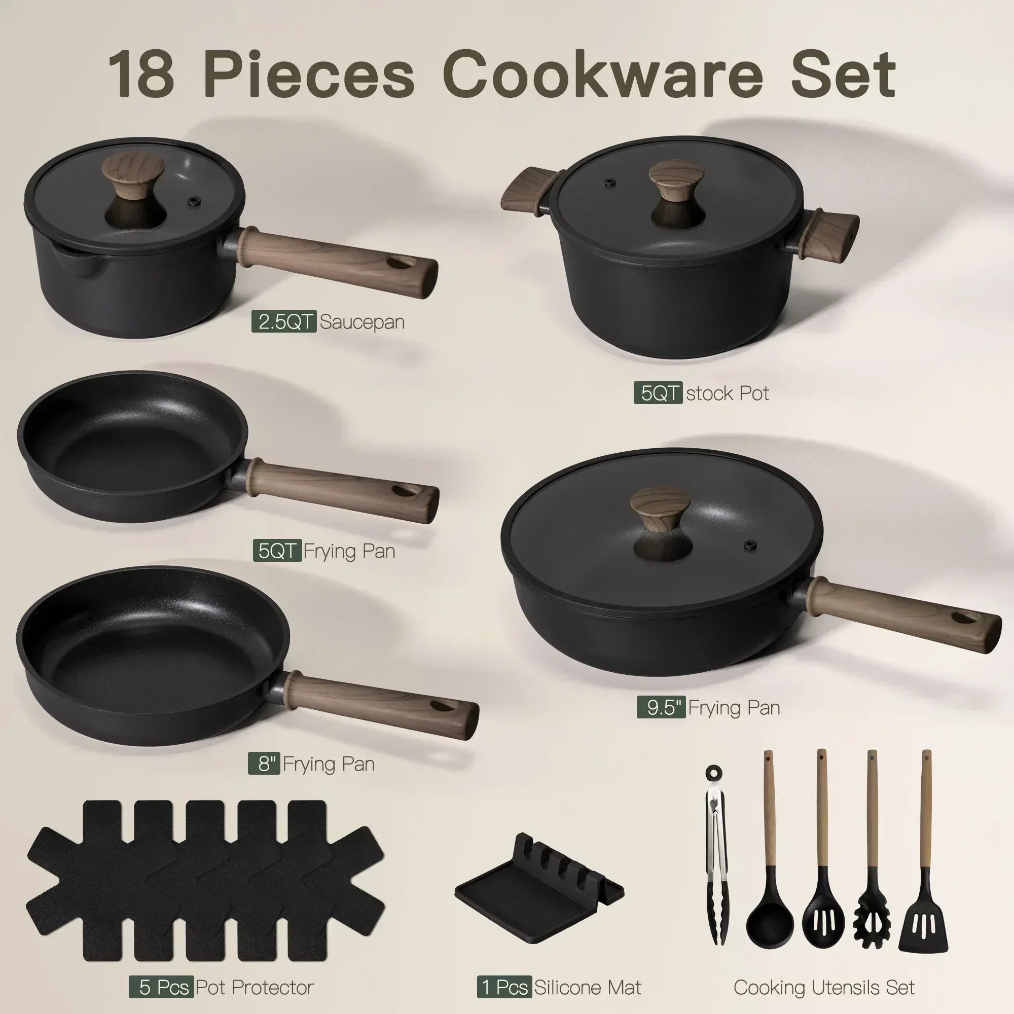 Astercook 18-Piece Pots and Pans Set, Black Titanium Induction Nonstick Cookware Set, Oven Safe to 480°F, Induction Compatible & Dishwasher Safe, Kitchen Cooking Set for RV Trips, Camping and Picnic