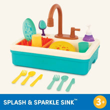 Splash & Sparkle sink toy with brown faucet and blue base plus colorful utensils