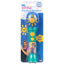 Ms. Rachel sing-along microphone in blister pack with teal body and sun light