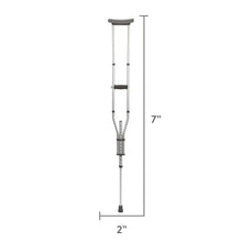 Adjustable crutch with gray underarm pad and two height settings, black rubber tip