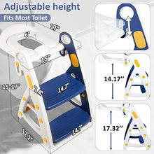 Blue adjustable potty training toilet seat with ladder, height-fit to most toilets diagram