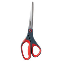 Bent scissors, dark gray metal and red finger-loop handles