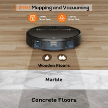 Black robot vacuum top view on wooden floor with small sensor lights