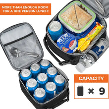 Black insulated lunch box with open top and insulated interior with multiple containers