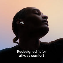 Wireless earbuds in ear, small white stem with dark speaker grille