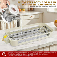 Electric indoor grill with open drip pan, water being poured into the pan, beige body