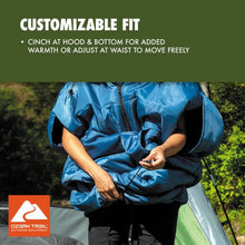 Blue wearable sleeping bag open at the front, worn with hooded neckline visible.