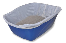 Blue high-sided cat litter box with liner bag and cat litter inside