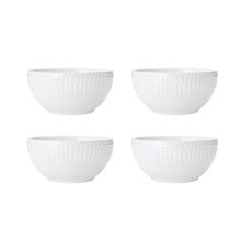 White porcelain bowls with embossed textured rim, four bowls shown