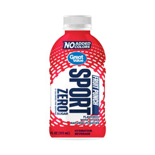 Sport Zero hydration beverage bottle, red label with "No added colors"