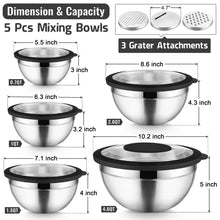 Stainless steel mixing bowls with airtight lids, shown with size and capacity diagram