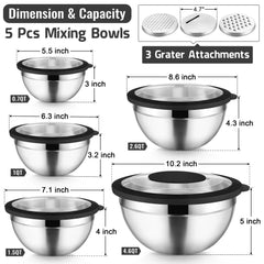 Vesteel Mixing Bowls with Lids Set of 8, Stainless Steel Prep Bowls with Upgraded Airtight Visible Lid, Metal Nesting Bowl Attach with 3 Graters for Kitchen Grating/ Shredding / Mixing
